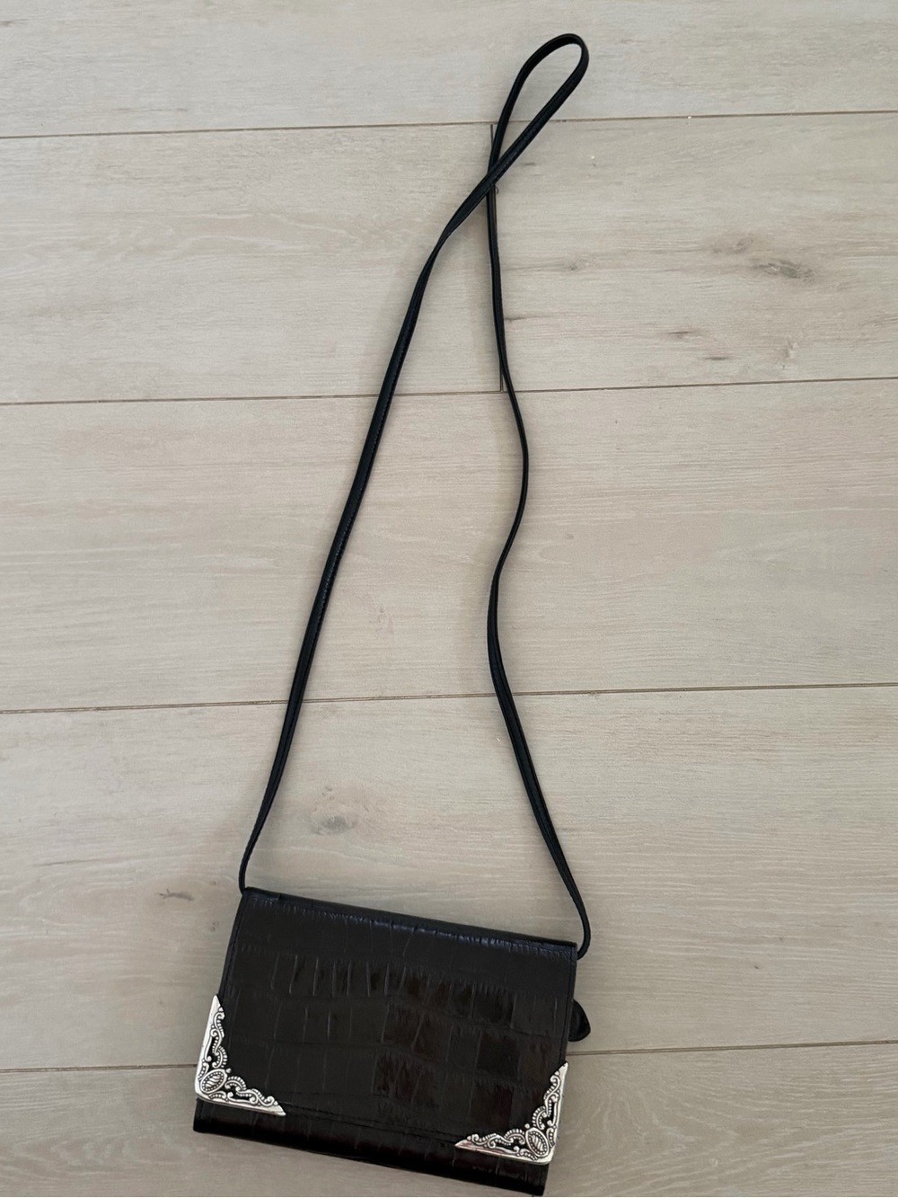Brighton Black Croc-Embossed Crossbody Bag with Silver Corner Accents